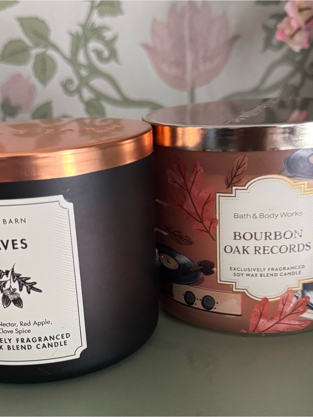 Bath & Body Works 3 wick Bourbon  Oak Records & leaves fall Candles